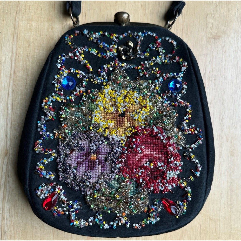 Dover Handbag 8.5 Inch w Coin Purse Beaded Floral Stitch Textured Brass USA Made